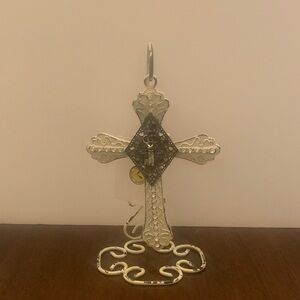 Decorative Cross Pendant Hanging From Stand Distressed Cream & Brown New